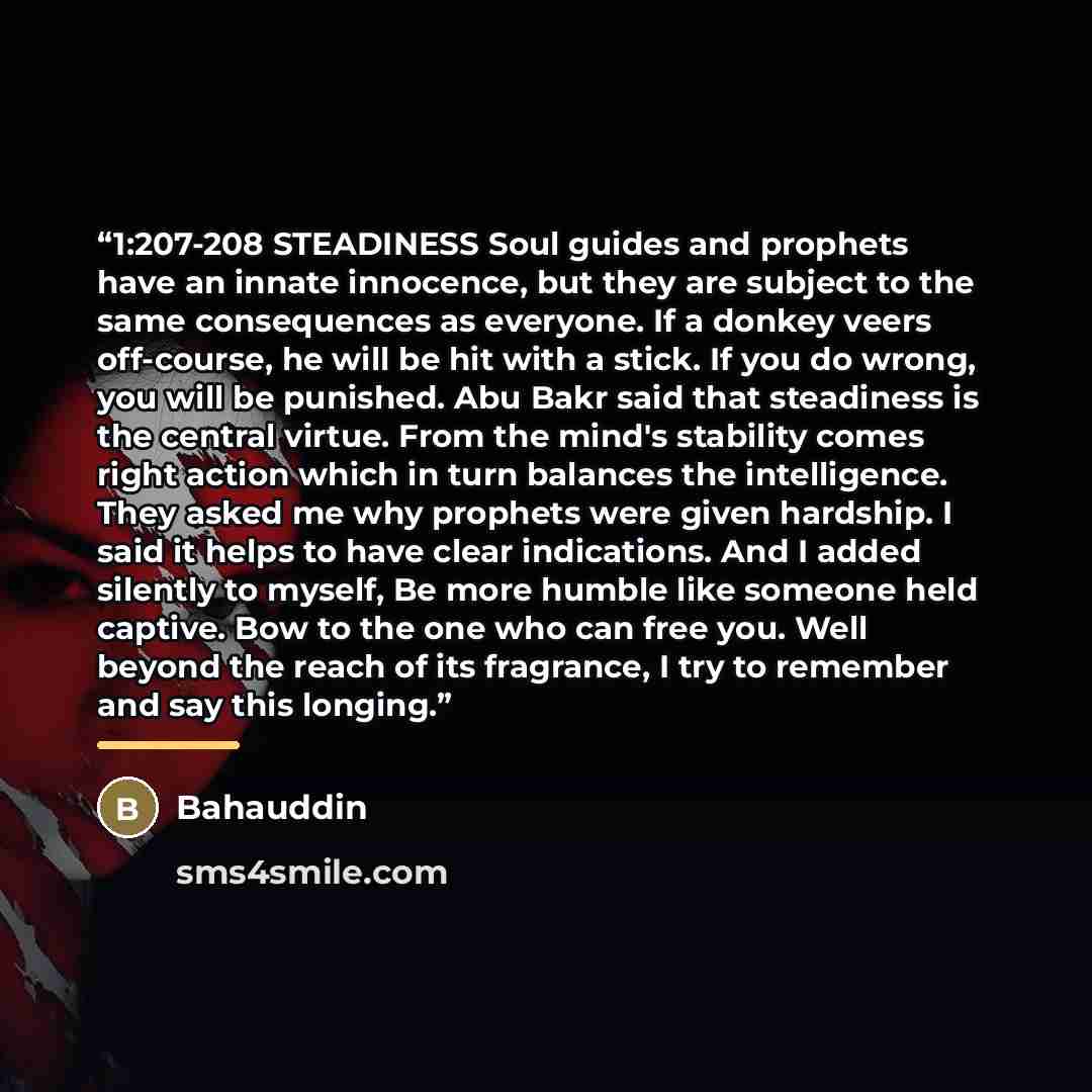 “1:207-208 STEADINESS Soul guides and prophets have an innate innocence, but they are subject to the same consequences as everyone. If a donkey veers off-course, he will be hit with a stick. If you do wrong, you will be punished. Abu Bakr said that steadiness is the central virtue. From the mind's…” quote by Bahauddin