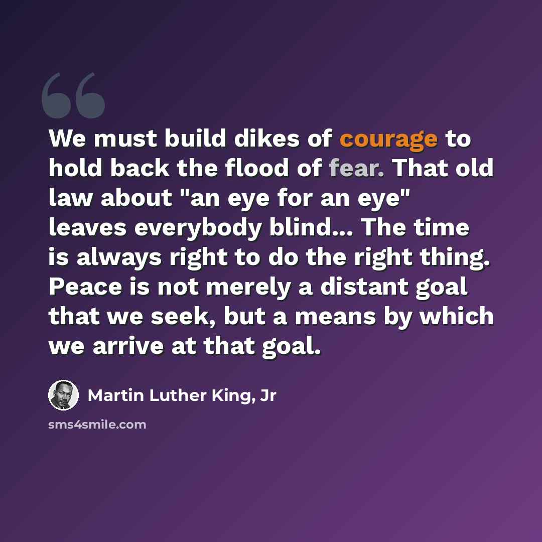 “We must build dikes of courage to hold back the flood of fear. That old law about "an eye for an eye" leaves everybody blind... The time is always right to do the right thing. Peace is not merely a distant goal that we seek, but a means by which we arrive at that goal.” quote by Martin Luther King, Jr