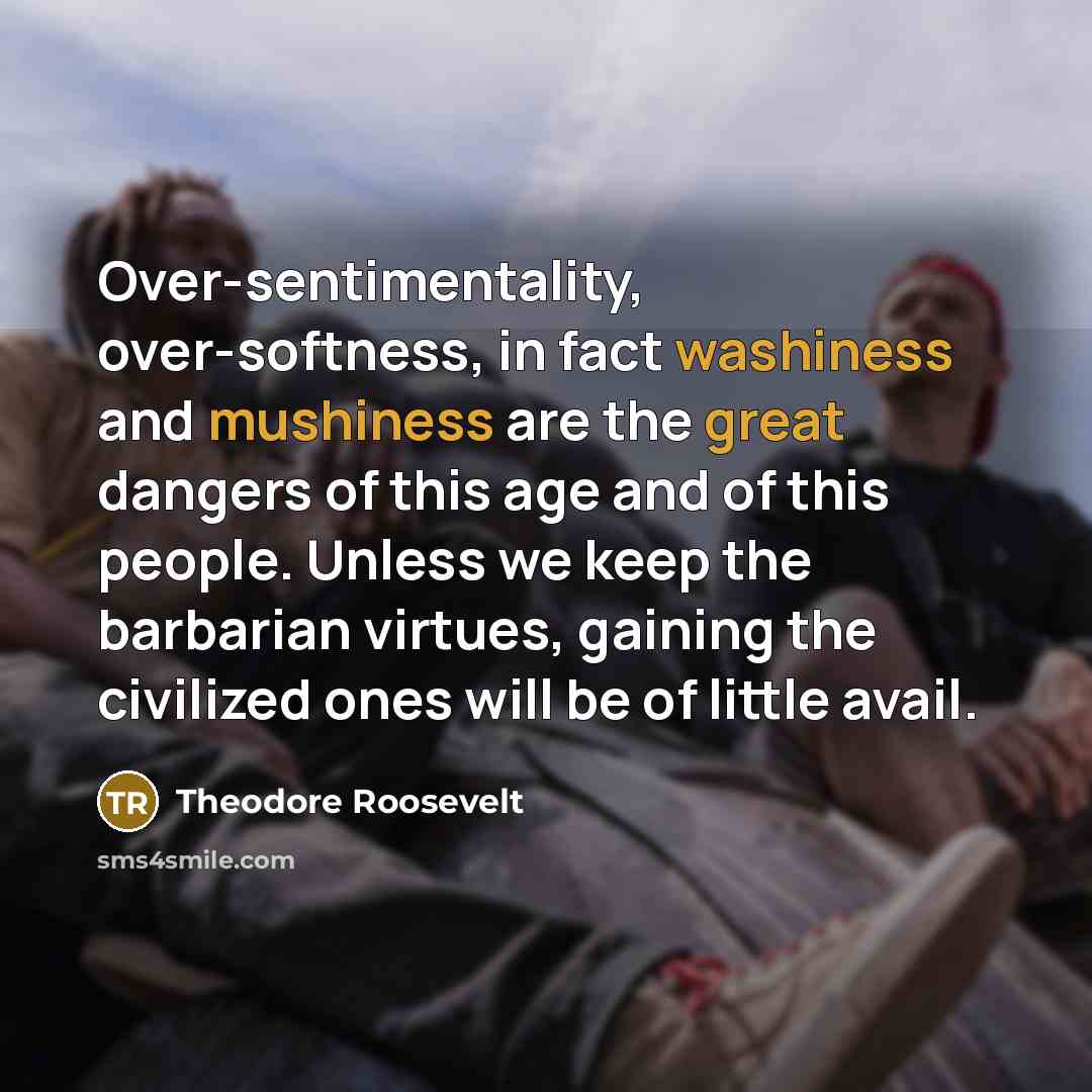 “Over-sentimentality, over-softness, in fact washiness and mushiness are the great dangers of this age and of this people. Unless we keep the barbarian virtues, gaining the civilized ones will be of little avail.” quote by Theodore Roosevelt