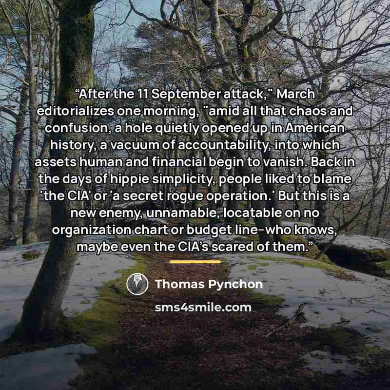 “After the 11 September attack," March editorializes one morning, "amid all that chaos and confusion, a hole quietly opened up in American history, a vacuum of accountability, into which assets human and financial begin to vanish. Back in the days of hippie simplicity, people liked to blame 'the…” quote by Thomas Pynchon