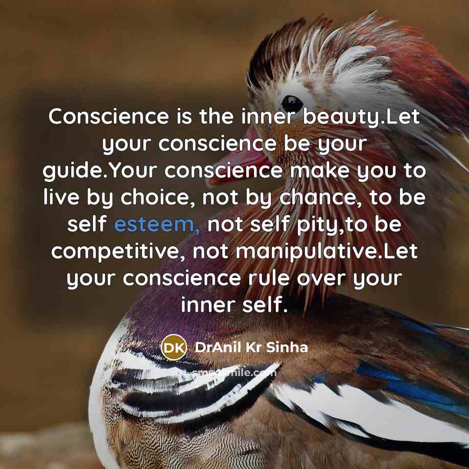 “Conscience is the inner beauty.Let your conscience be your guide.Your conscience make you to live by choice, not by chance, to be self esteem, not self pity,to be competitive, not manipulative.Let your conscience rule over your inner self.” quote by DrAnil Kr Sinha