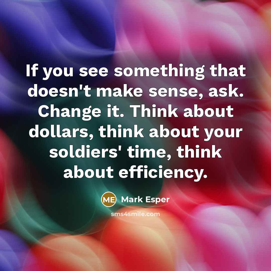 “If you see something that doesn't make sense, ask. Change it. Think about dollars, think about your soldiers' time, think about efficiency.” quote by Mark Esper