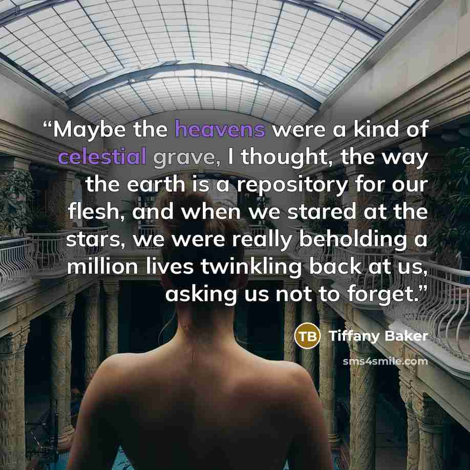 “Maybe the heavens were a kind of celestial grave, I thought, the way the earth is a repository for our flesh, and when we stared at the stars, we were really beholding a million lives twinkling back at us, asking us not to forget.” quote by Tiffany Baker
