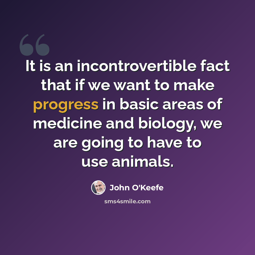 “It is an incontrovertible fact that if we want to make progress in basic areas of medicine and biology, we are going to have to use animals.” quote by John O'Keefe