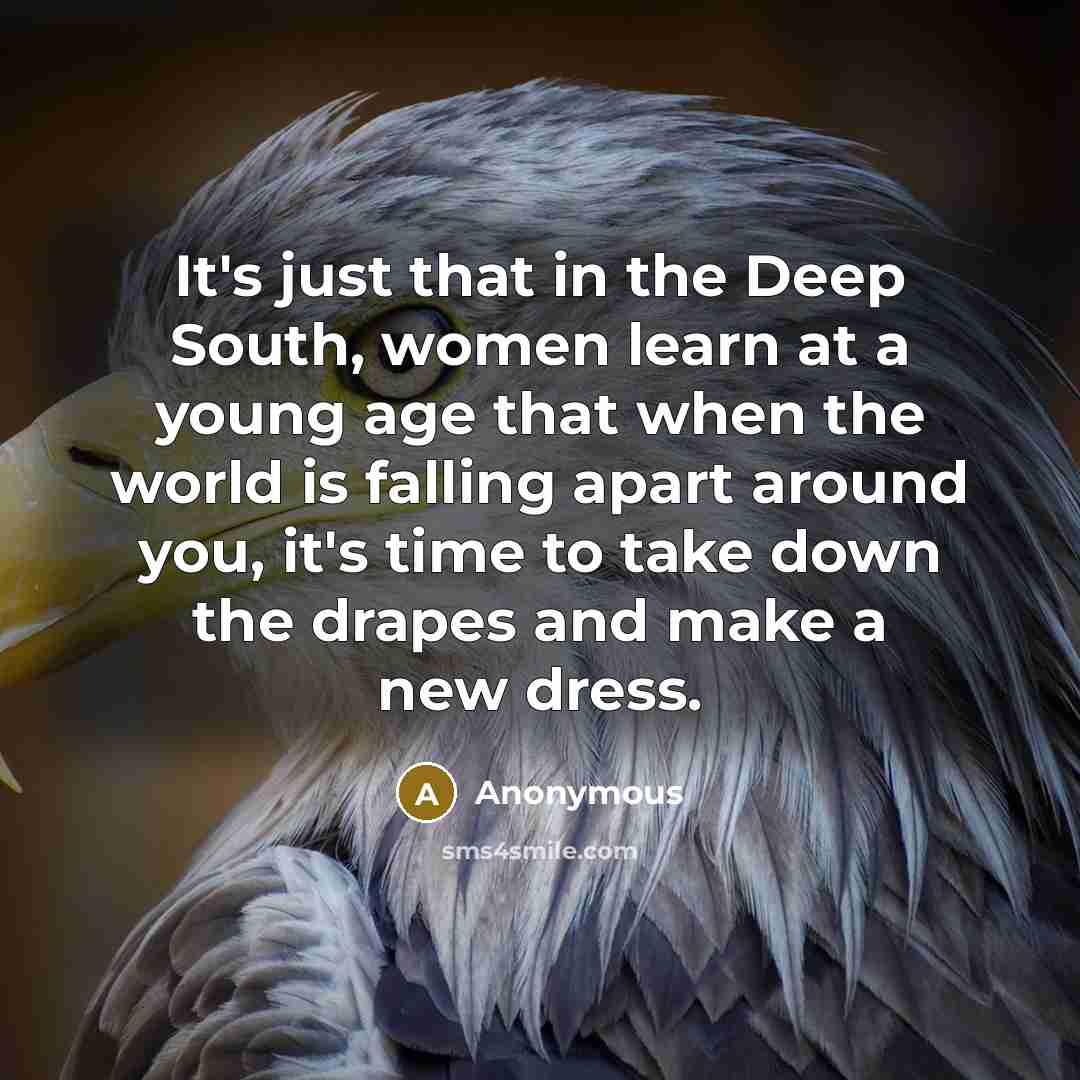 “It's just that in the Deep South, women learn at a young age that when the world is falling apart around you, it's time to take down the drapes and make a new dress.” quote by Anonymous