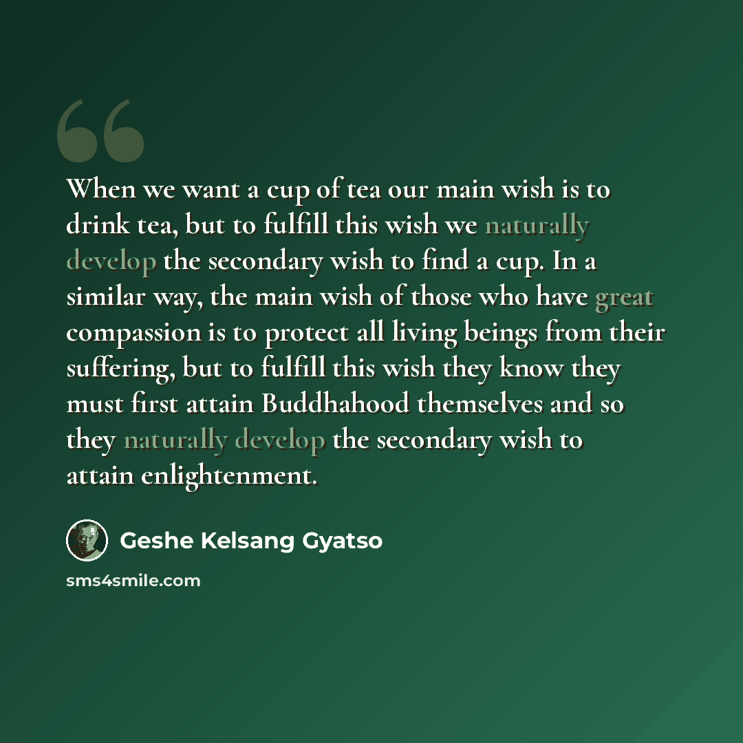 “When we want a cup of tea our main wish is to drink tea, but to fulfill this wish we naturally develop the secondary wish to find a cup. In a similar way, the main wish of those who have great compassion is to protect all living beings from their suffering, but to fulfill this wish they know they…” quote by Geshe Kelsang Gyatso