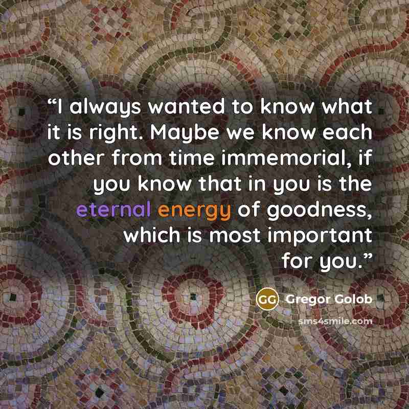 “I always wanted to know what it is right. Maybe we know each other from time immemorial, if you know that in you is the eternal energy of goodness, which is most important for you.” quote by Gregor Golob