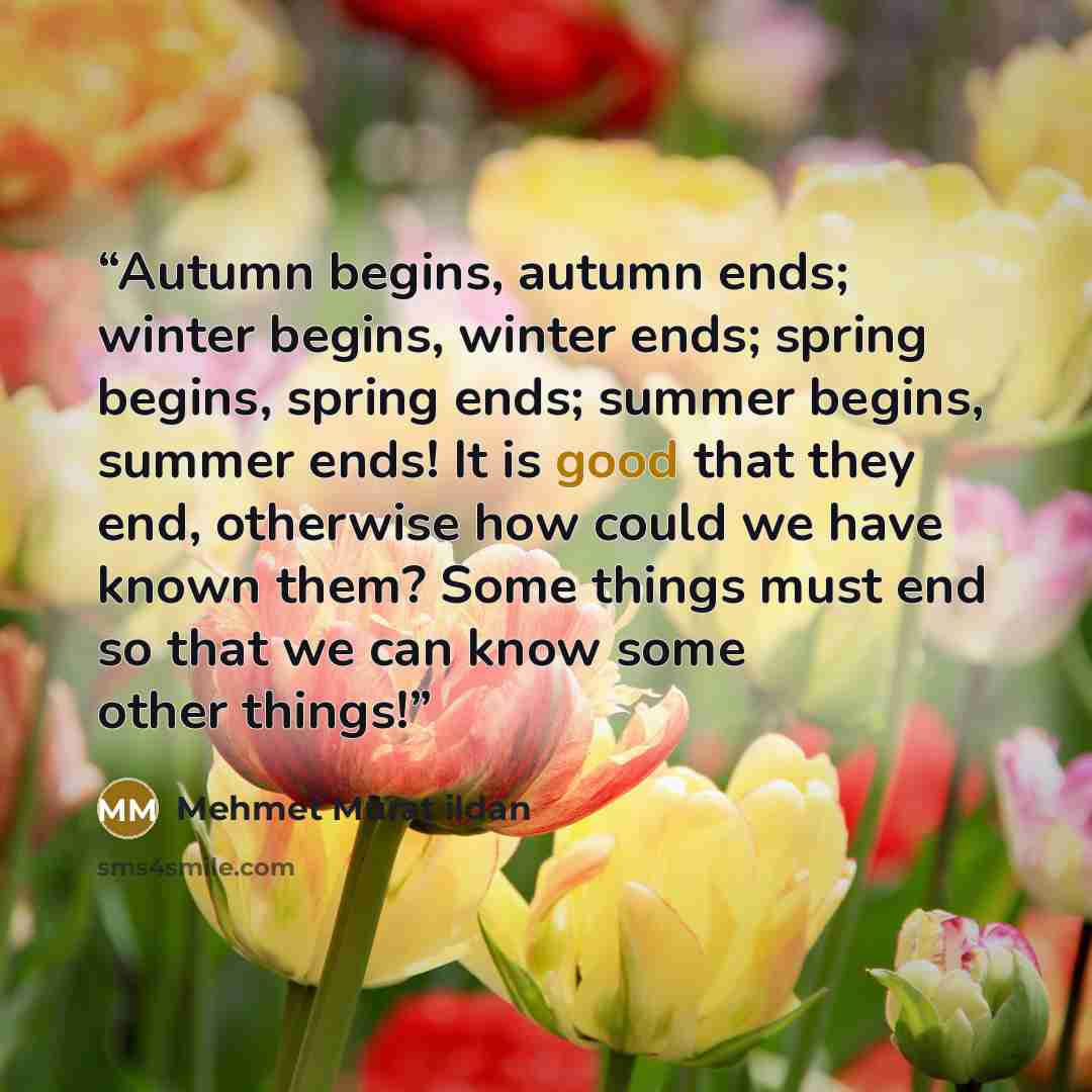 “Autumn begins, autumn ends; winter begins, winter ends; spring begins, spring ends; summer begins, summer ends! It is good that they end, otherwise how could we have known them? Some things must end so that we can know some other things!” quote by Mehmet Murat ildan