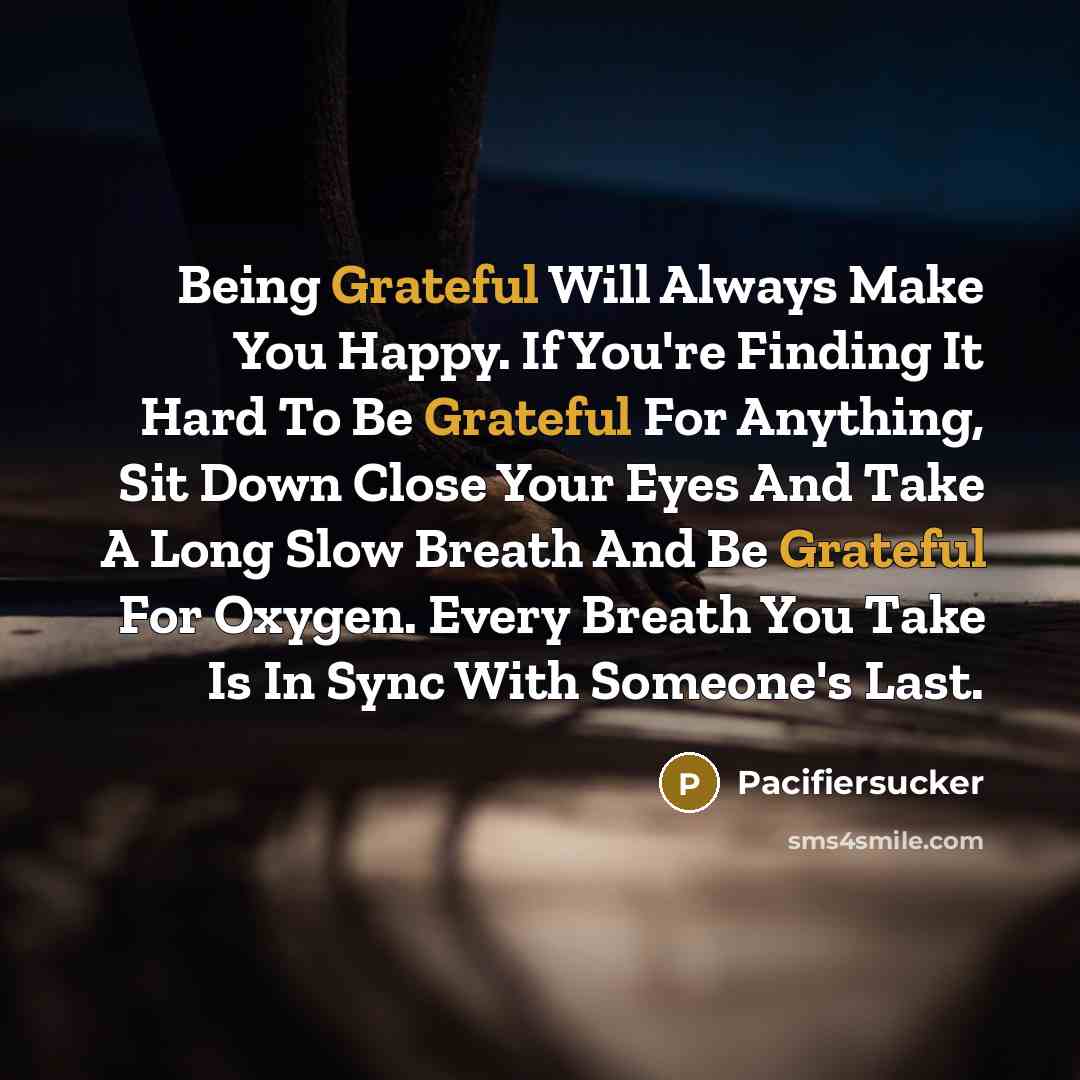 “Being Grateful Will Always Make You Happy. If You're Finding It Hard To Be Grateful For Anything, Sit Down Close Your Eyes And Take A Long Slow Breath And Be Grateful For Oxygen. Every Breath You Take Is In Sync With Someone's Last.” quote by Pacifiersucker