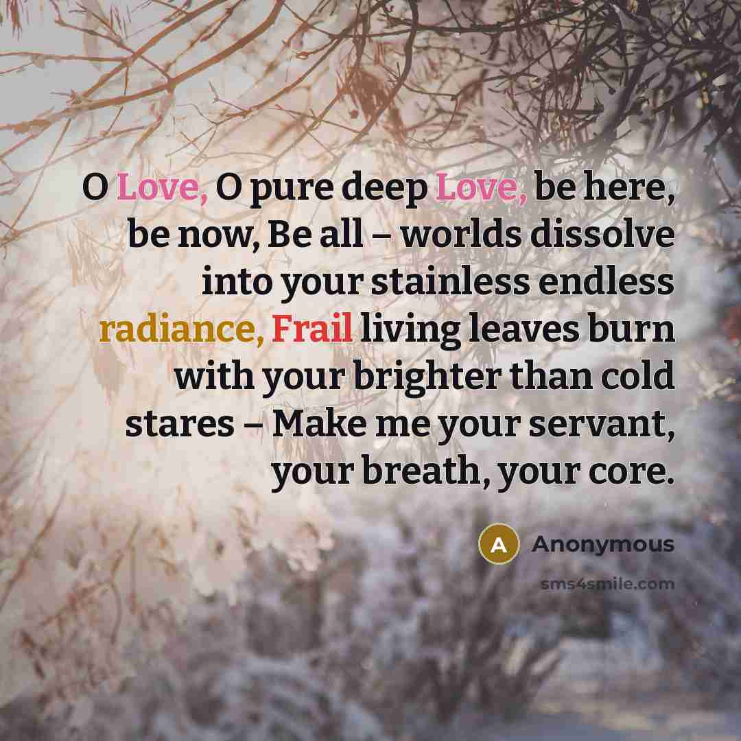“O Love, O pure deep Love, be here, be now, Be all – worlds dissolve into your stainless endless radiance, Frail living leaves burn with your brighter than cold stares – Make me your servant, your breath, your core.” quote by Anonymous
