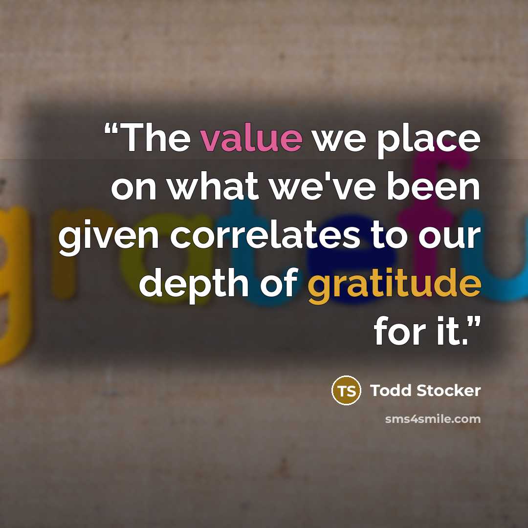 “The value we place on what we've been given correlates to our depth of gratitude for it.” quote by Todd Stocker