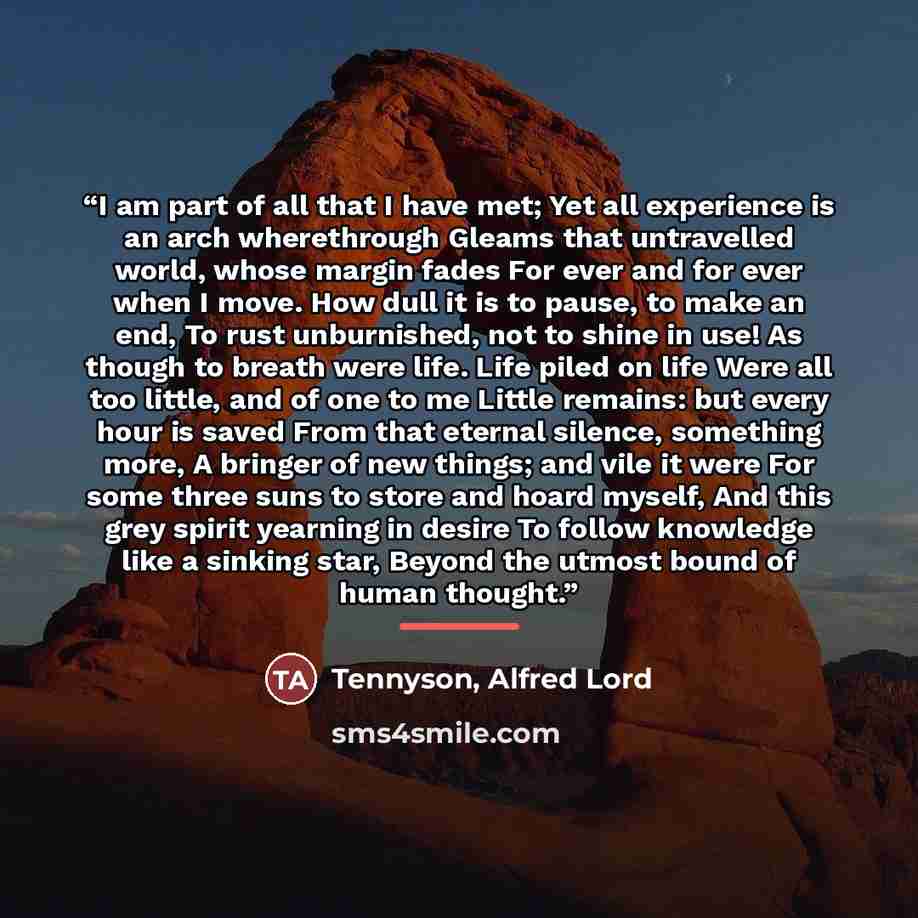 “I am part of all that I have met; Yet all experience is an arch wherethrough Gleams that untravelled world, whose margin fades For ever and for ever when I move. How dull it is to pause, to make an end, To rust unburnished, not to shine in use! As though to breath were life. Life piled on life…” quote by Anonymous