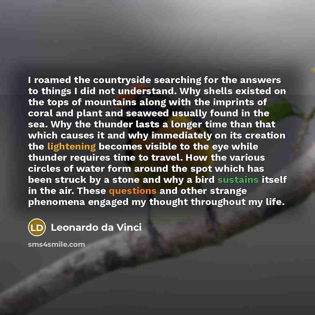 “I roamed the countryside searching for the answers to things I did not understand. Why shells existed on the tops of mountains along with the imprints of coral and plant and seaweed usually found in the sea. Why the thunder lasts a longer time than that which causes it and why immediately on its…” quote by Leonardo da Vinci