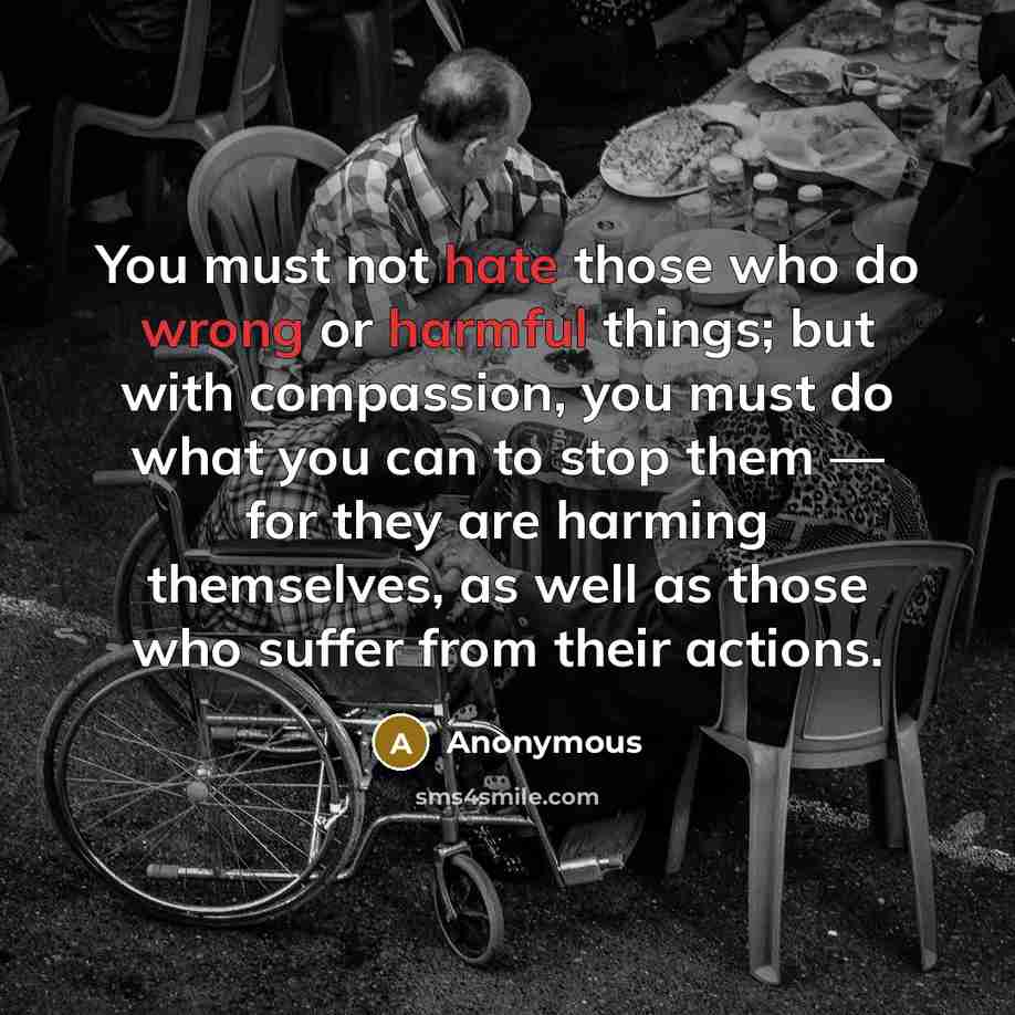 “You must not hate those who do wrong or harmful things; but with compassion, you must do what you can to stop them — for they are harming themselves, as well as those who suffer from their actions.” quote by Anonymous