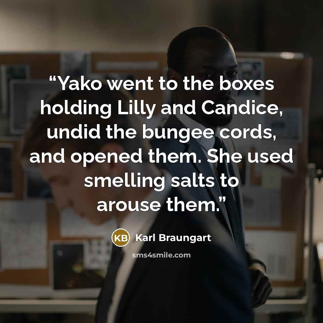 “Yako went to the boxes holding Lilly and Candice, undid the bungee cords, and opened them. She used smelling salts to arouse them.” quote by Karl Braungart