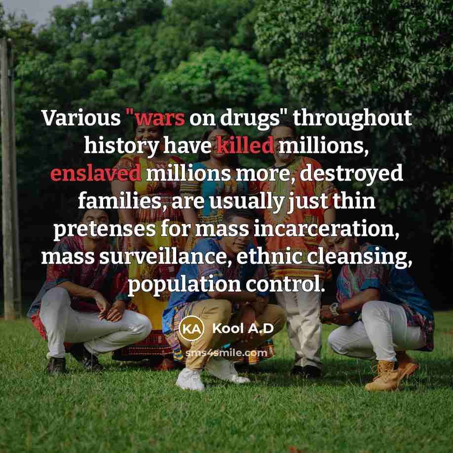 “Various "wars on drugs" throughout history have killed millions, enslaved millions more, destroyed families, are usually just thin pretenses for mass incarceration, mass surveillance, ethnic cleansing, population control.” quote by Kool A.D