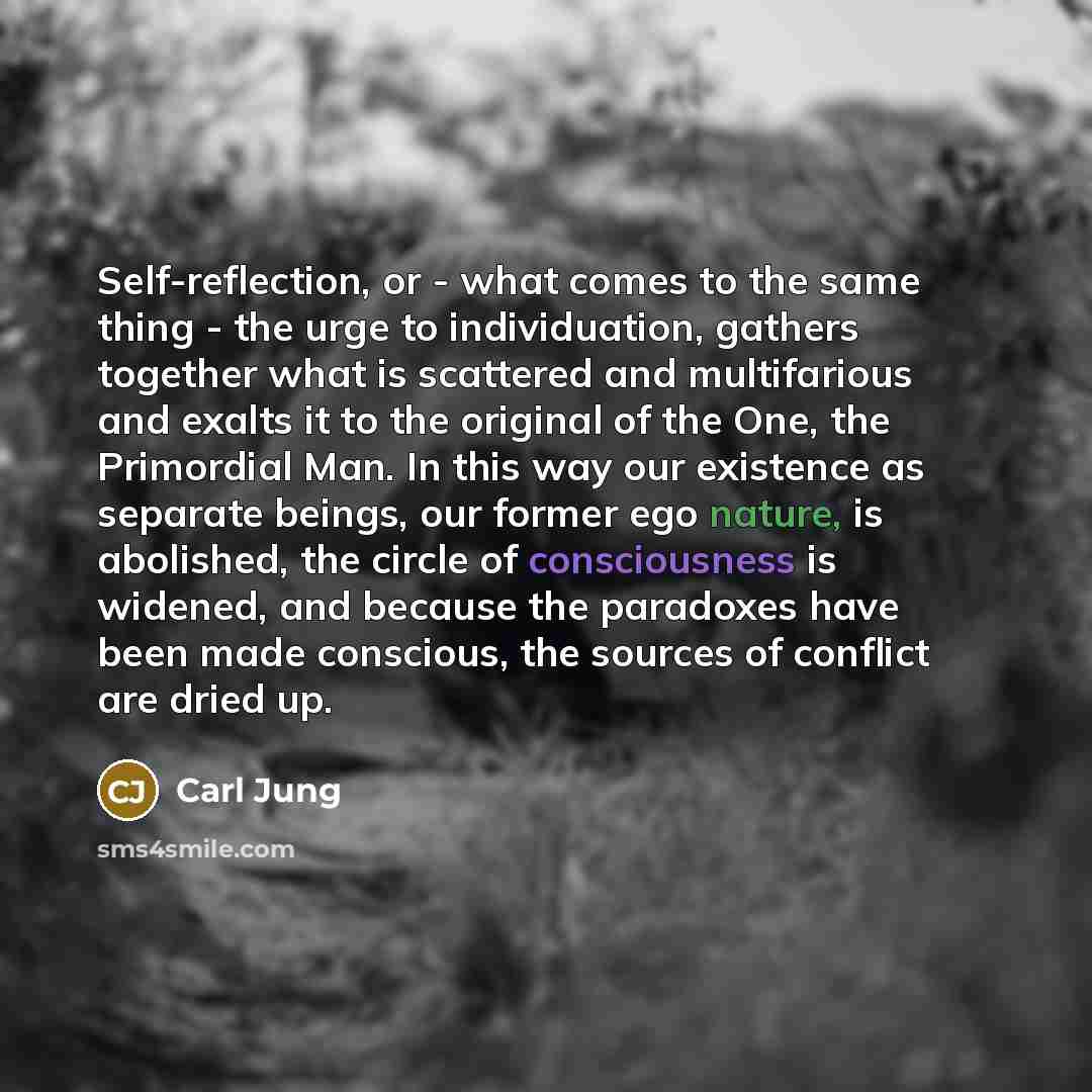 “Self-reflection, or - what comes to the same thing - the urge to individuation, gathers together what is scattered and multifarious and exalts it to the original of the One, the Primordial Man. In this way our existence as separate beings, our former ego nature, is abolished, the circle of…” quote by Carl Jung