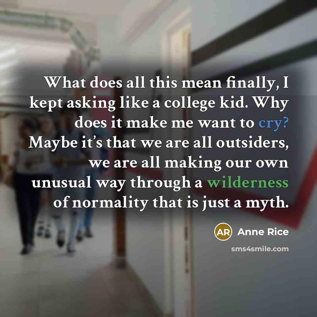 “What does all this mean finally, I kept asking like a college kid. Why does it make me want to cry? Maybe it’s that we are all outsiders, we are all making our own unusual way through a wilderness of normality that is just a myth.” quote by Anne Rice