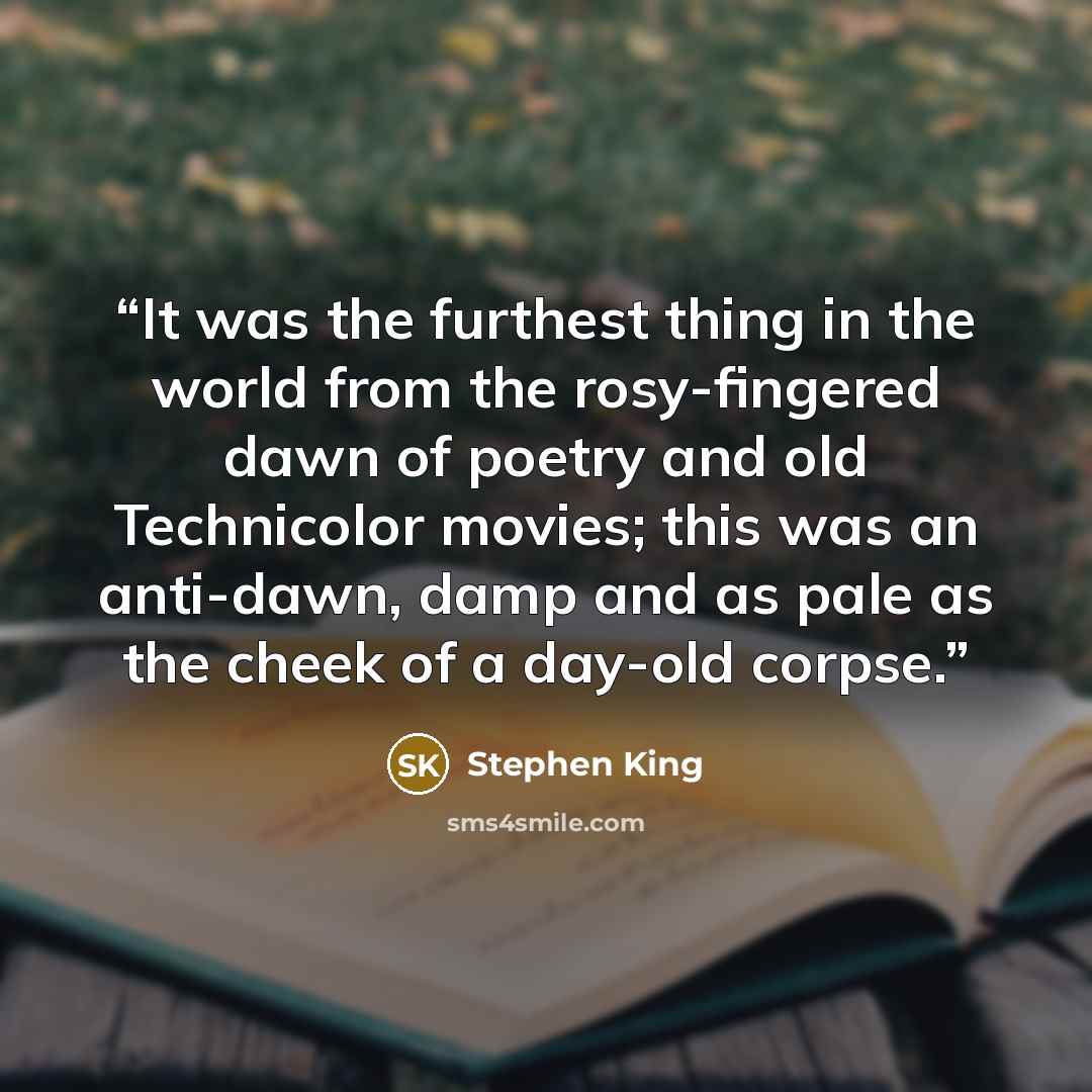 “It was the furthest thing in the world from the rosy-fingered dawn of poetry and old Technicolor movies; this was an anti-dawn, damp and as pale as the cheek of a day-old corpse.” quote by Stephen King