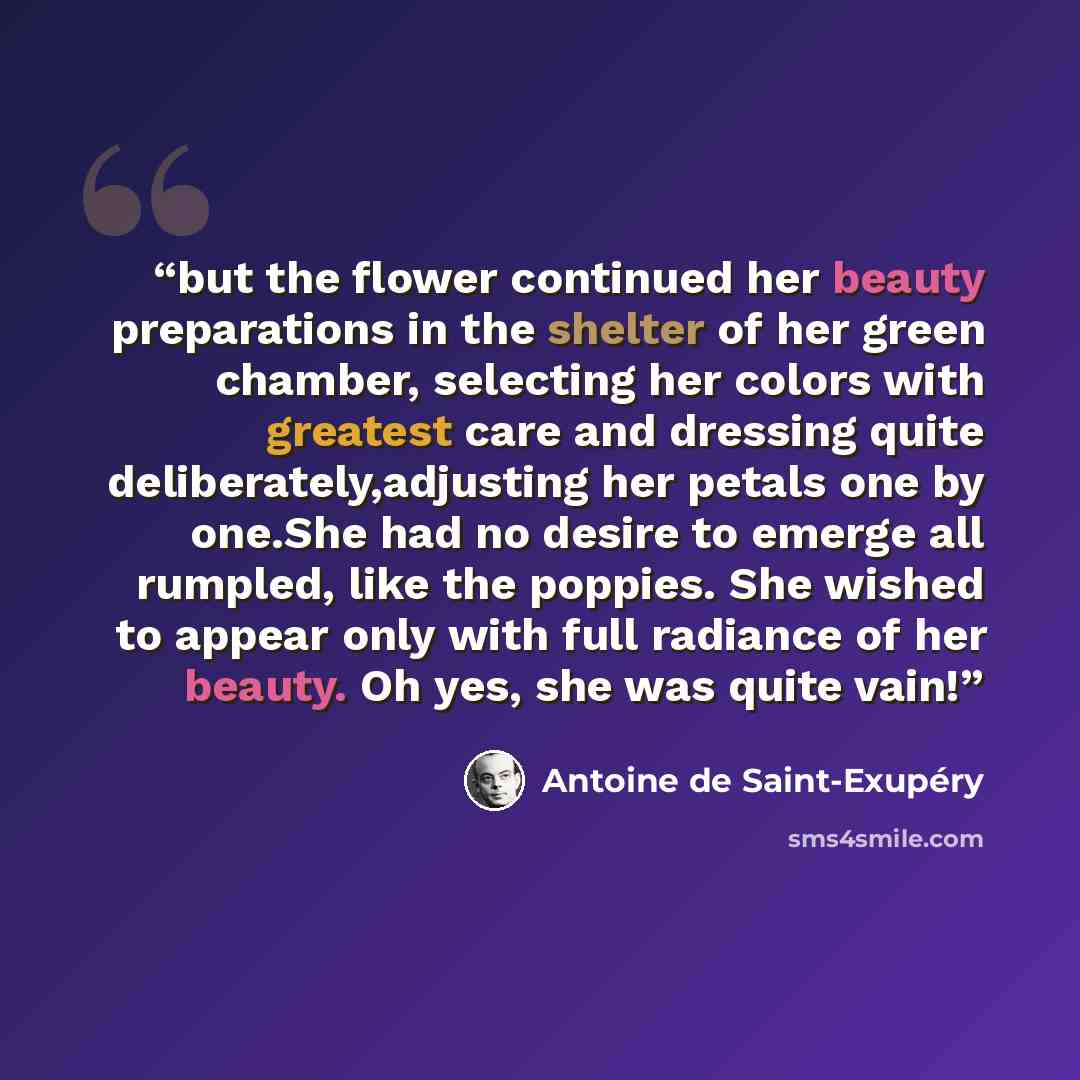 “but the flower continued her beauty preparations in the shelter of her green chamber, selecting her colors with greatest care and dressing quite deliberately,adjusting her petals one by one.She had no desire to emerge all rumpled, like the poppies. She wished to appear only with full radiance of…” quote by Antoine de Saint-Exupéry