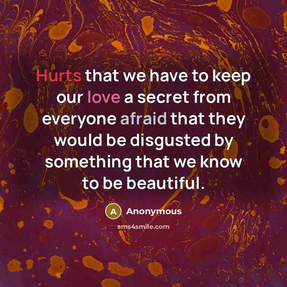 “Hurts that we have to keep our love a secret from everyone afraid that they would be disgusted by something that we know to be beautiful.” quote by Anonymous