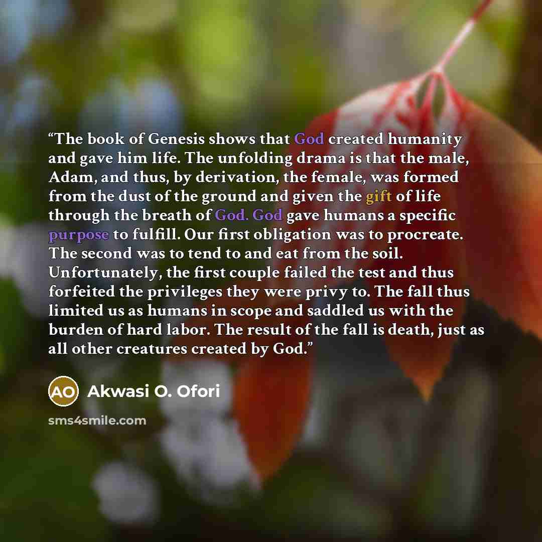 “The book of Genesis shows that God created humanity and gave him life. The unfolding drama is that the male, Adam, and thus, by derivation, the female, was formed from the dust of the ground and given the gift of life through the breath of God. God gave humans a specific purpose to fulfill. Our…” quote by Akwasi O. Ofori