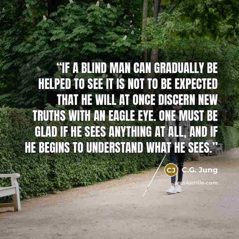 “If a blind man can gradually be helped to see it is not to be expected that he will at once discern new truths with an eagle eye. One must be glad if he sees anything at all, and if he begins to understand what he sees.” quote by C.G. Jung