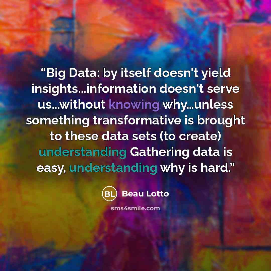 “Big Data: by itself doesn't yield insights...information doesn't serve us...without knowing why…unless something transformative is brought to these data sets (to create) understanding Gathering data is easy, understanding why is hard.” quote by Beau Lotto