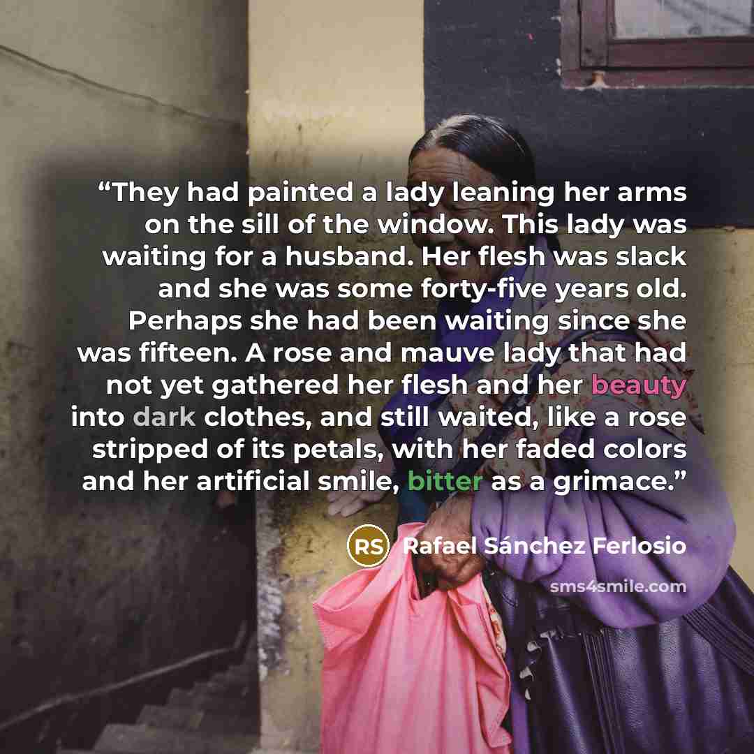 “They had painted a lady leaning her arms on the sill of the window. This lady was waiting for a husband. Her flesh was slack and she was some forty-five years old. Perhaps she had been waiting since she was fifteen. A rose and mauve lady that had not yet gathered her flesh and her beauty into dark…” quote by Rafael Sánchez Ferlosio