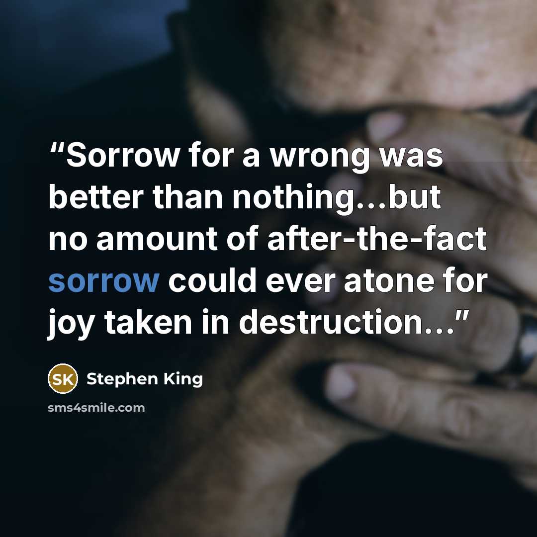 “Sorrow for a wrong was better than nothing...but no amount of after-the-fact sorrow could ever atone for joy taken in destruction...” quote by Stephen King