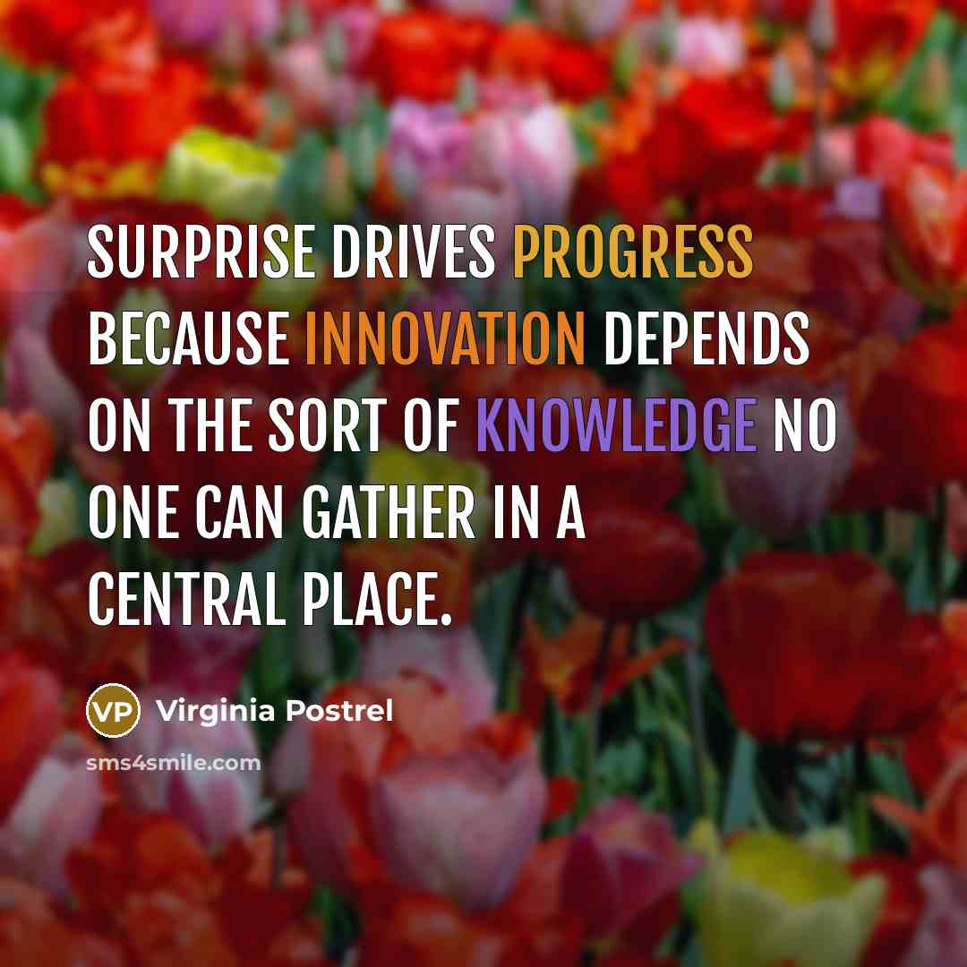 “Surprise drives progress because innovation depends on the sort of knowledge no one can gather in a central place.” quote by Virginia Postrel