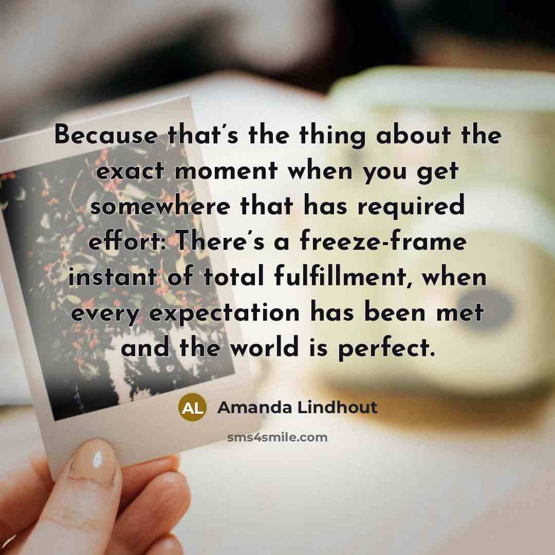 “Because that’s the thing about the exact moment when you get somewhere that has required effort: There’s a freeze-frame instant of total fulfillment, when every expectation has been met and the world is perfect.” quote by Amanda Lindhout