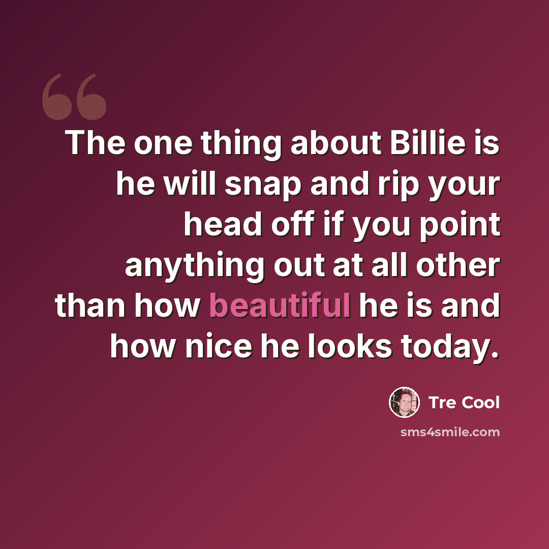 “The one thing about Billie is he will snap and rip your head off if you point anything out at all other than how beautiful he is and how nice he looks today.” quote by Tre Cool