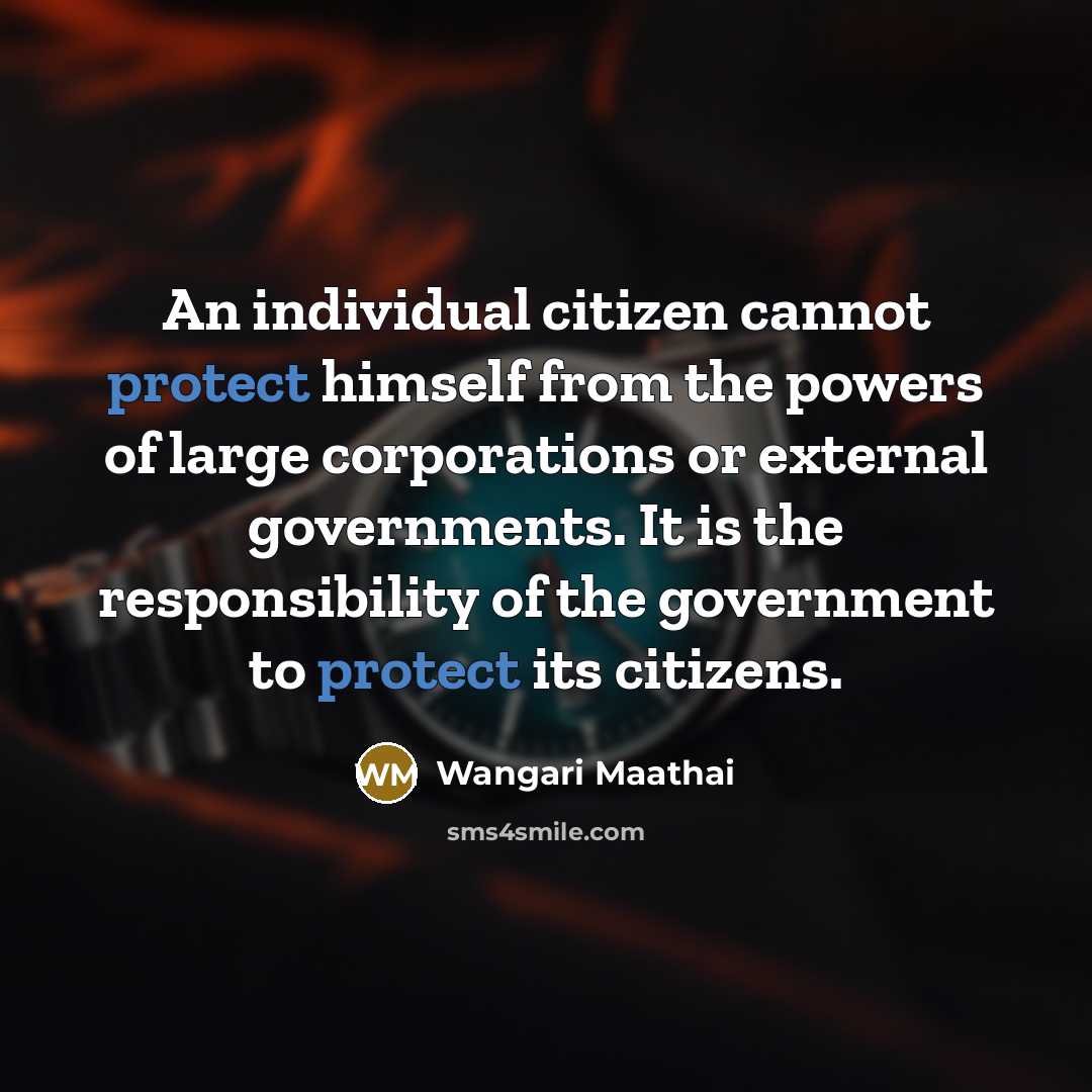 “An individual citizen cannot protect himself from the powers of large corporations or external governments. It is the responsibility of the government to protect its citizens.” quote by Wangari Maathai