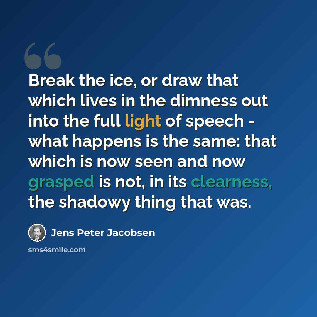 “Break the ice, or draw that which lives in the dimness out into the full light of speech - what happens is the same: that which is now seen and now grasped is not, in its clearness, the shadowy thing that was.” quote by Jens Peter Jacobsen