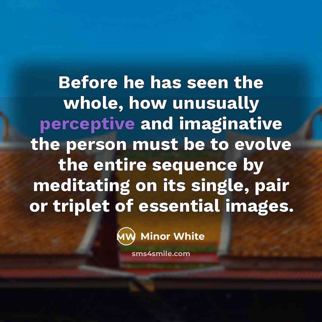 “Before he has seen the whole, how unusually perceptive and imaginative the person must be to evolve the entire sequence by meditating on its single, pair or triplet of essential images.” quote by Minor White