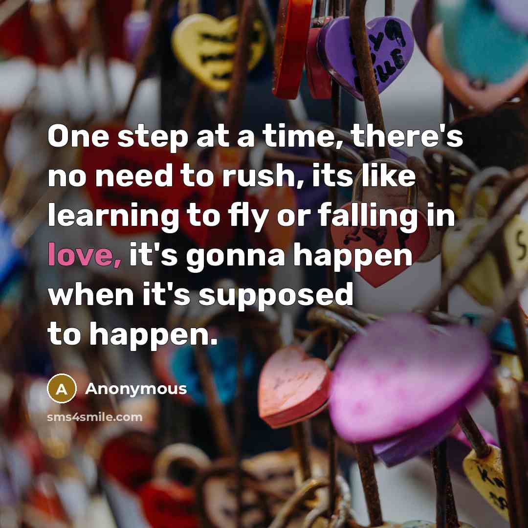 “One step at a time, there's no need to rush, its like learning to fly or falling in love, it's gonna happen when it's supposed to happen.” quote by Anonymous