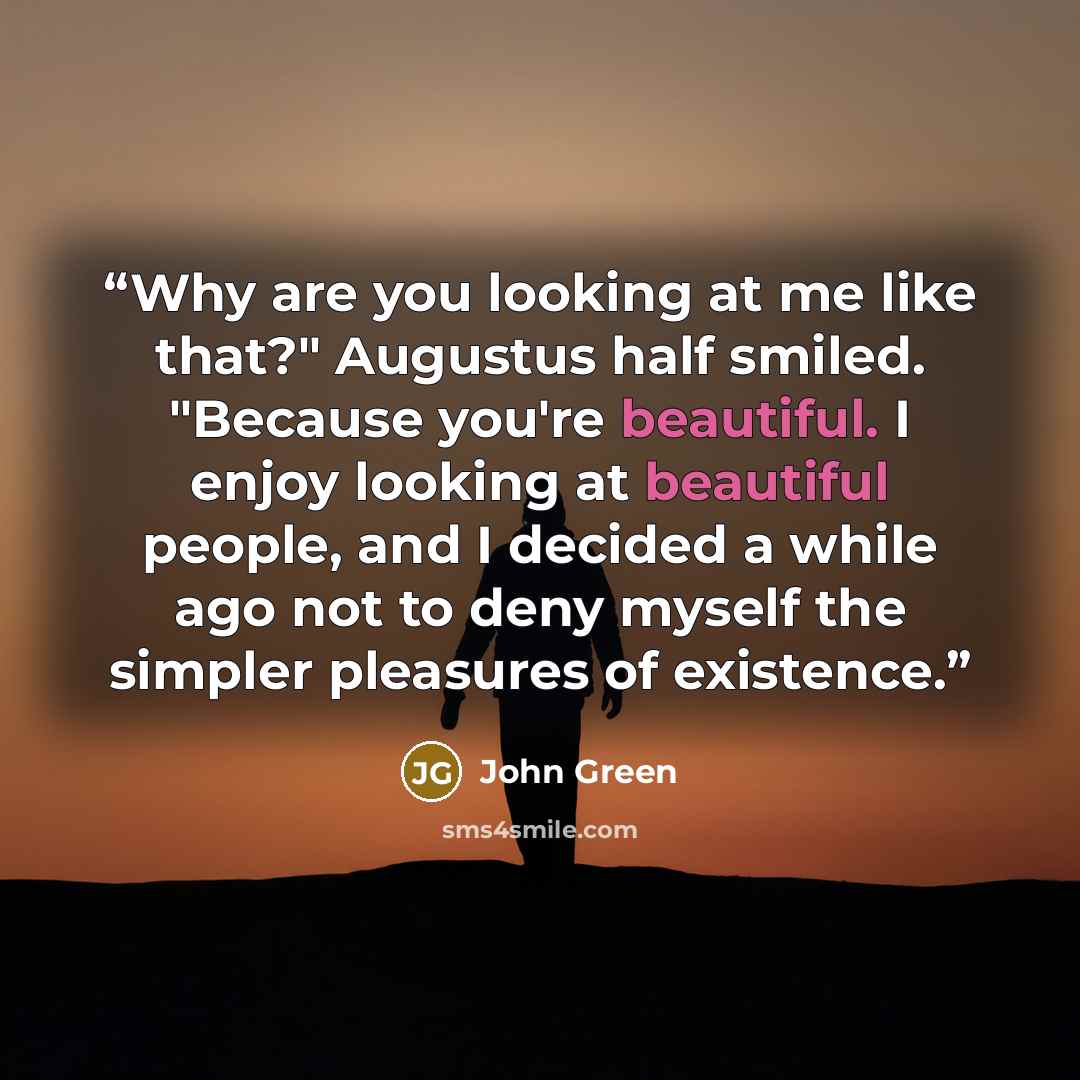 “Why are you looking at me like that?" Augustus half smiled. "Because you're beautiful. I enjoy looking at beautiful people, and I decided a while ago not to deny myself the simpler pleasures of existence.” quote by John Green