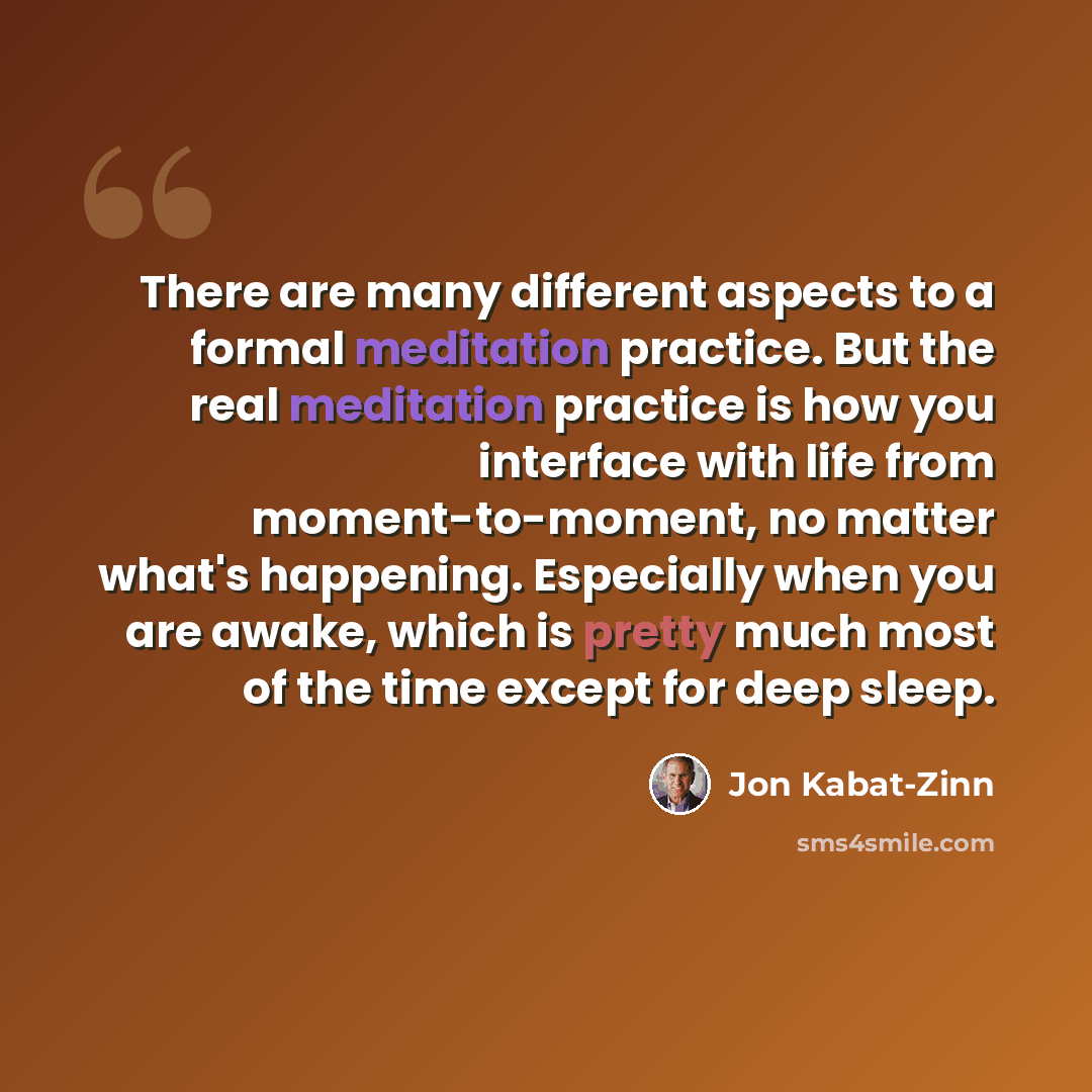 “There are many different aspects to a formal meditation practice. But the real meditation practice is how you interface with life from moment-to-moment, no matter what's happening. Especially when you are awake, which is pretty much most of the time except for deep sleep.” quote by Jon Kabat-Zinn
