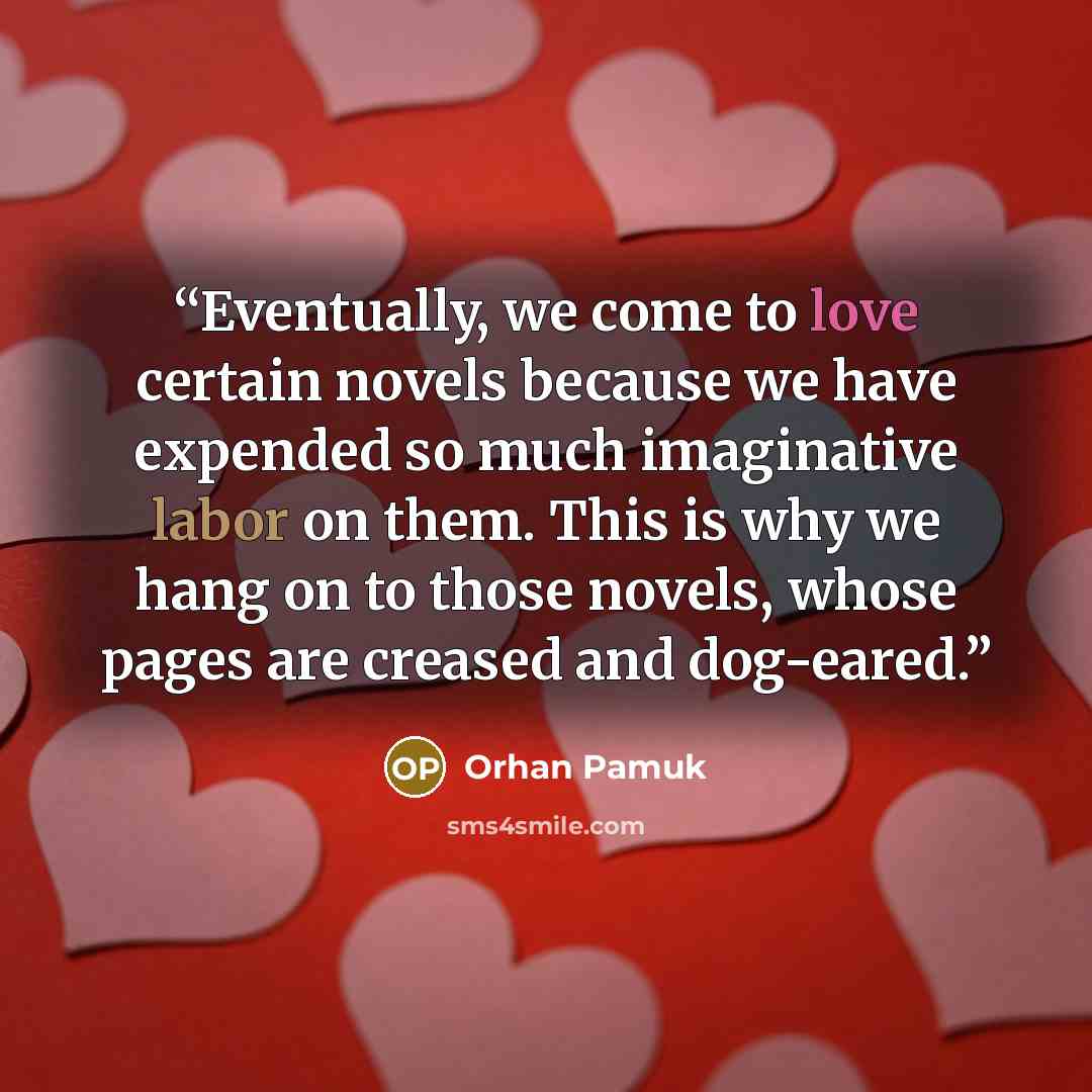 “Eventually, we come to love certain novels because we have expended so much imaginative labor on them. This is why we hang on to those novels, whose pages are creased and dog-eared.” quote by Orhan Pamuk