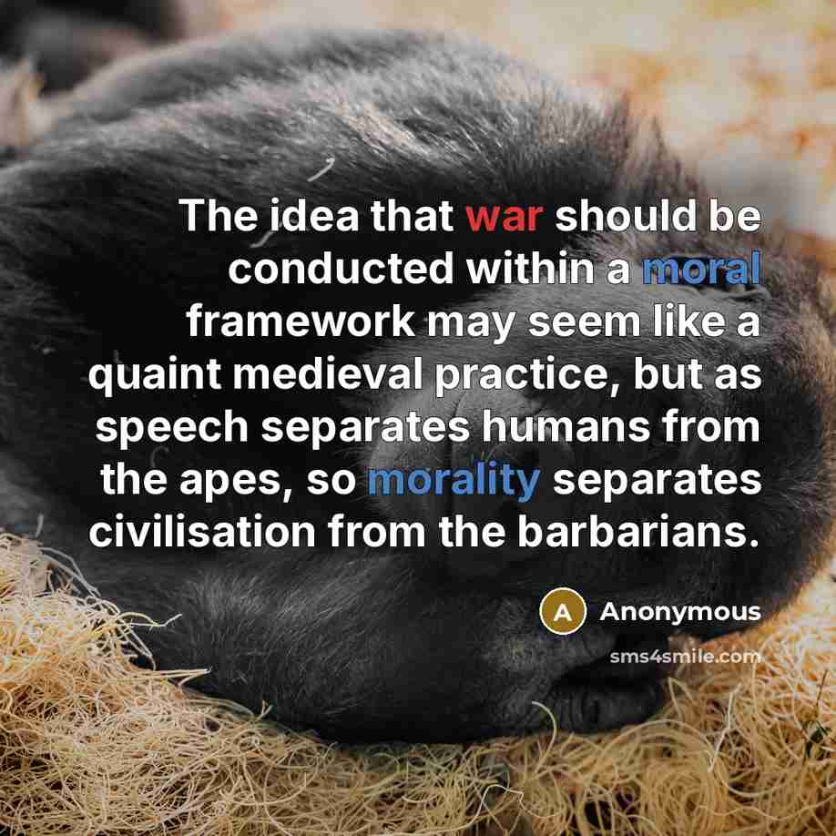 “The idea that war should be conducted within a moral framework may seem like a quaint medieval practice, but as speech separates humans from the apes, so morality separates civilisation from the barbarians.” quote by Anonymous