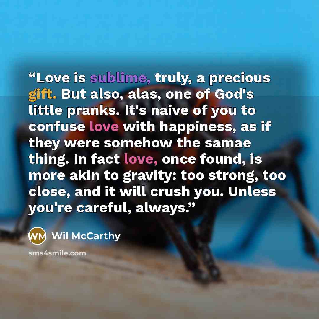 “Love is sublime, truly, a precious gift. But also, alas, one of God's little pranks. It's naive of you to confuse love with happiness, as if they were somehow the samae thing. In fact love, once found, is more akin to gravity: too strong, too close, and it will crush you. Unless you're careful…” quote by Wil McCarthy