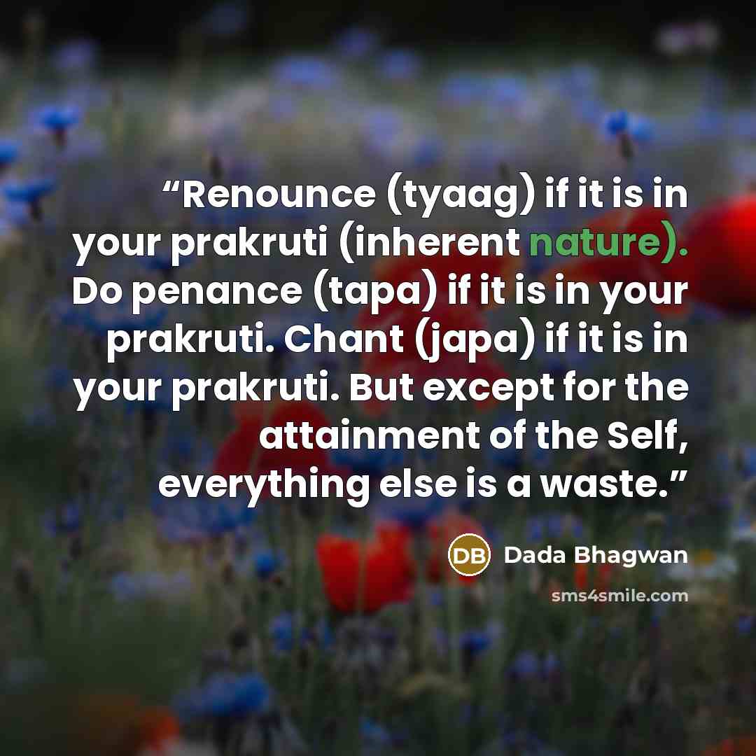 “Renounce (tyaag) if it is in your prakruti (inherent nature). Do penance (tapa) if it is in your prakruti. Chant (japa) if it is in your prakruti. But except for the attainment of the Self, everything else is a waste.” quote by Dada Bhagwan