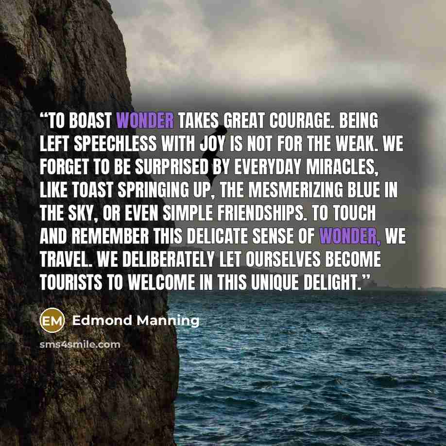 “To boast wonder takes great courage. Being left speechless with joy is not for the weak. We forget to be surprised by everyday miracles, like toast springing up, the mesmerizing blue in the sky, or even simple friendships. To touch and remember this delicate sense of wonder, we travel. We…” quote by Edmond Manning