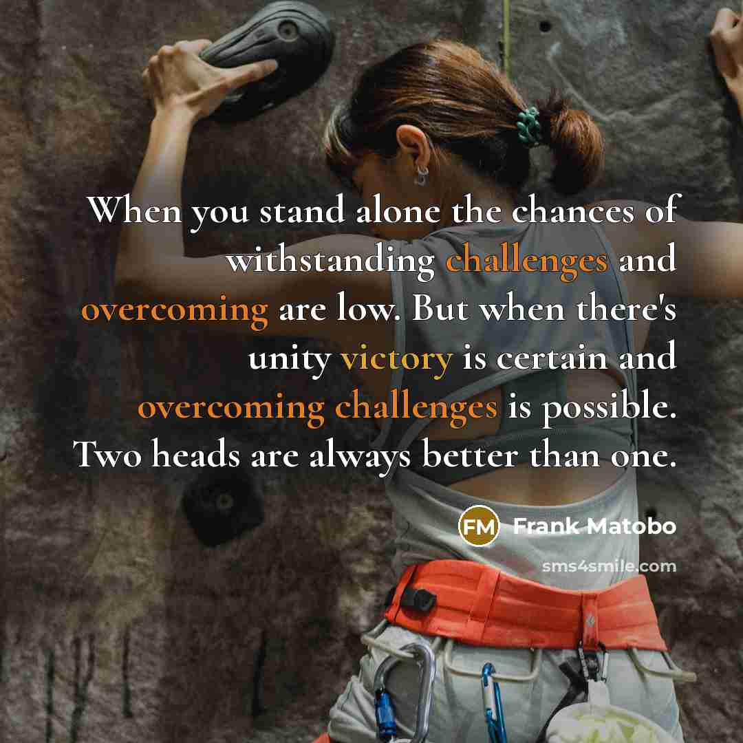 “When you stand alone the chances of withstanding challenges and overcoming are low. But when there's unity victory is certain and overcoming challenges is possible. Two heads are always better than one.” quote by Frank Matobo