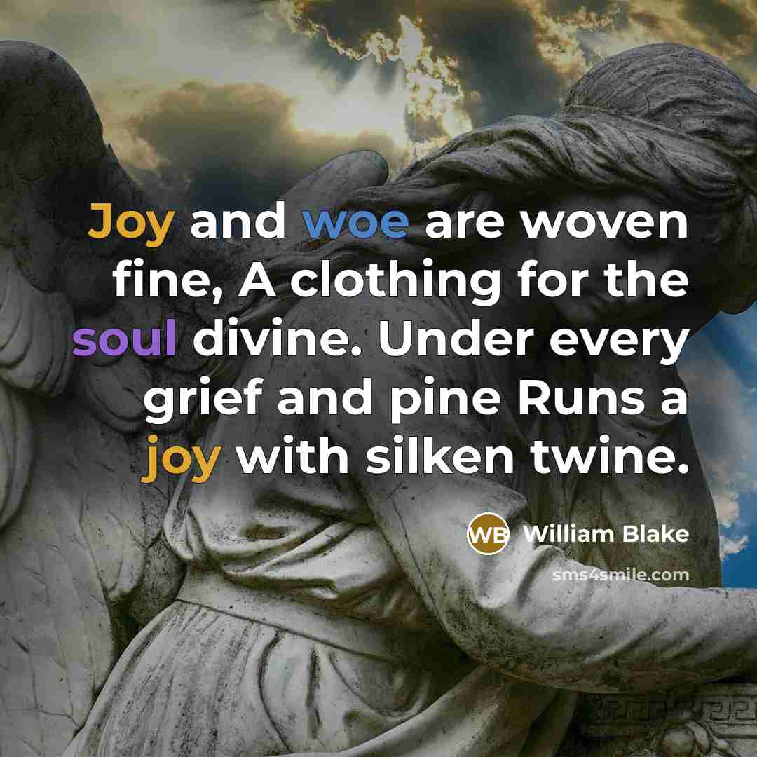 “Joy and woe are woven fine, A clothing for the soul divine. Under every grief and pine Runs a joy with silken twine.” quote by William Blake