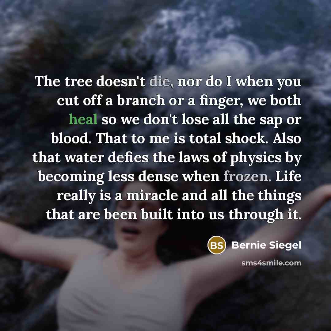 “The tree doesn't die, nor do I when you cut off a branch or a finger, we both heal so we don't lose all the sap or blood. That to me is total shock. Also that water defies the laws of physics by becoming less dense when frozen. Life really is a miracle and all the things that are been built into…” quote by Bernie Siegel