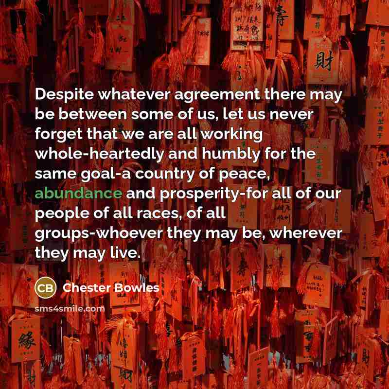 “Despite whatever agreement there may be between some of us, let us never forget that we are all working whole-heartedly and humbly for the same goal-a country of peace, abundance and prosperity-for all of our people of all races, of all groups-whoever they may be, wherever they may live.” quote by Chester Bowles