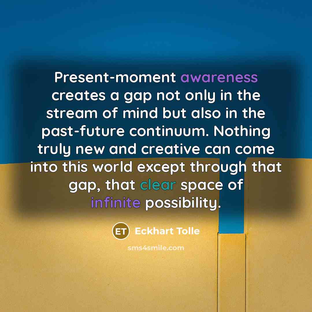 “Present-moment awareness creates a gap not only in the stream of mind but also in the past-future continuum. Nothing truly new and creative can come into this world except through that gap, that clear space of infinite possibility.” quote by Eckhart Tolle
