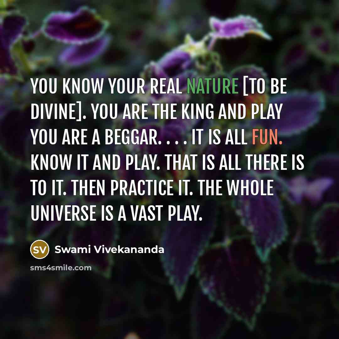 “You know your real nature [to be divine]. You are the king and play you are a beggar. . . . It is all fun. Know it and play. That is all there is to it. Then practice it. The whole universe is a vast play.” quote by Swami Vivekananda